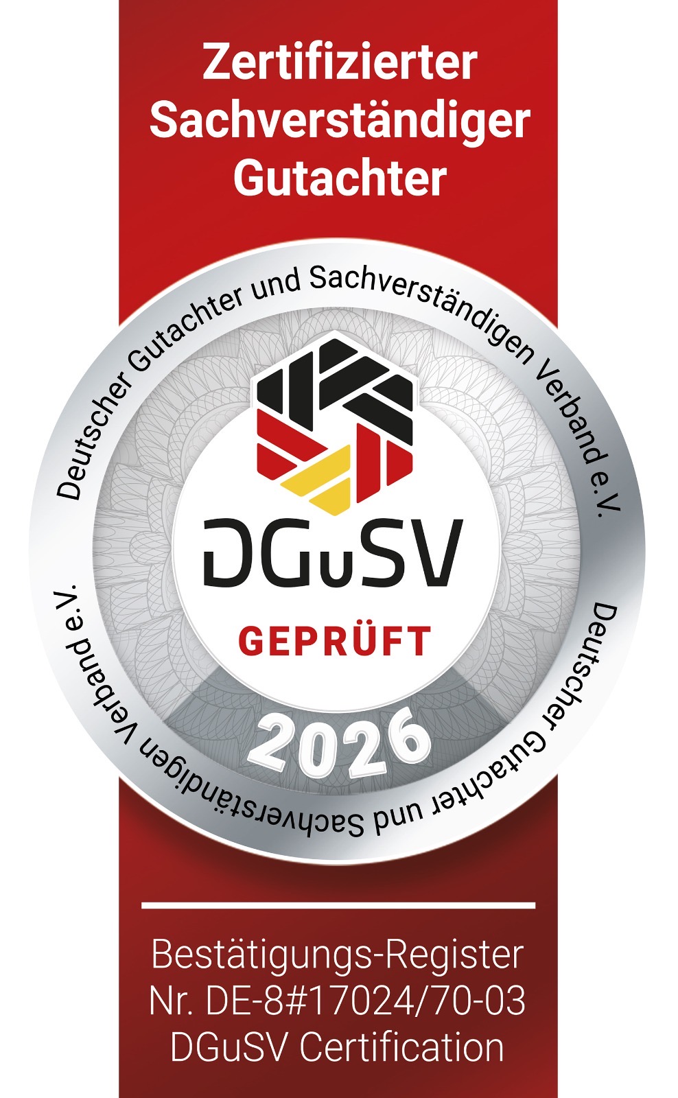 DGuSV Prüfsiegel 2026 — Zertifizierter Sachverständiger Gutachter